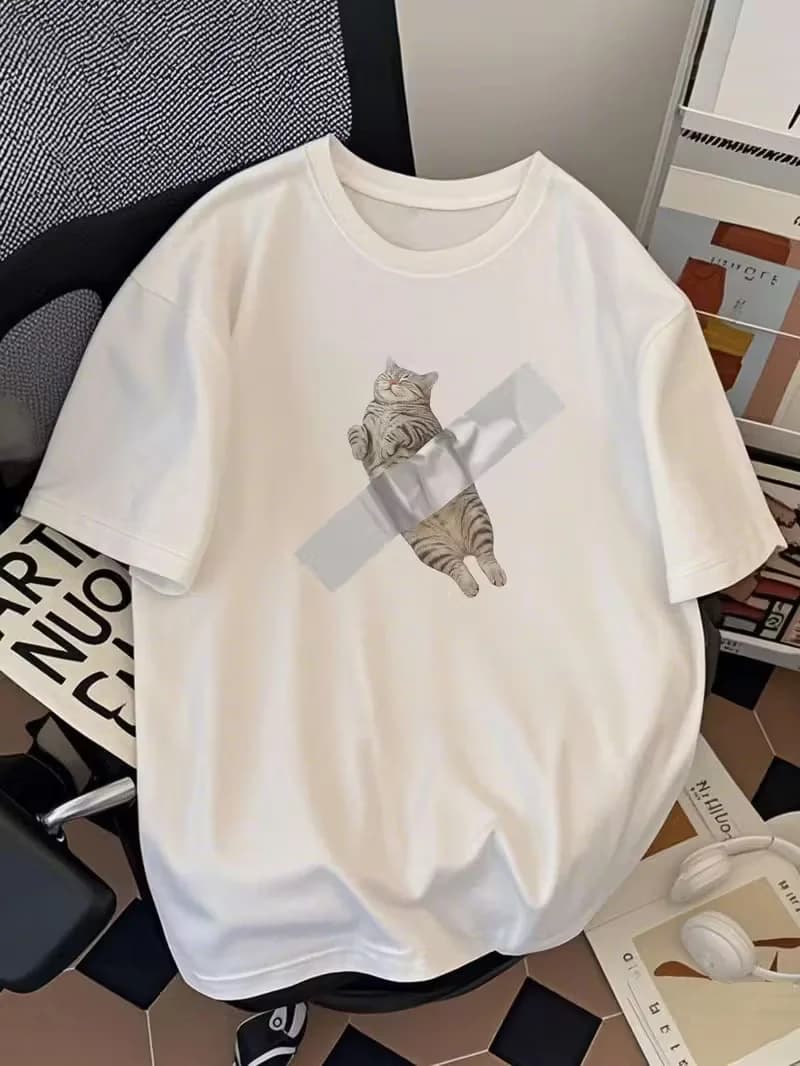 T-shirt a maniche corte con stampa grafica di gatto intrappolato, girocollo, per uscite estive, basic per tutti i giorni, con stampa di animali carini, da donna