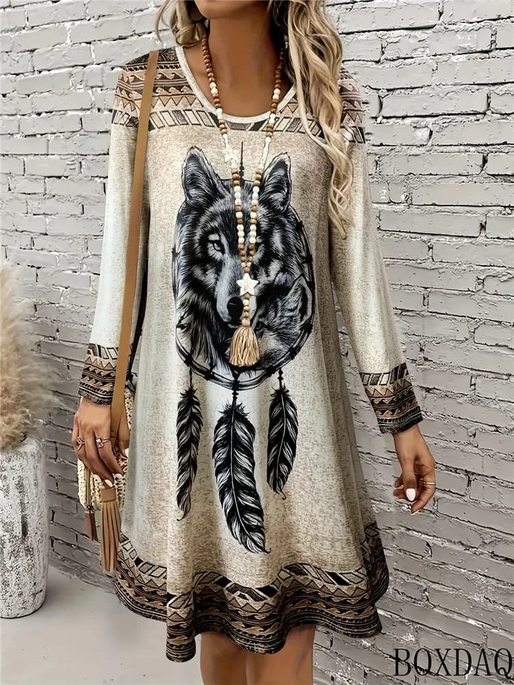 Women's Retro Loose Dresses 2026 Autumn Long Sleeves Round Neck Animal Dreamcatcher Pattern Ethnic Style Print Casual Dress
