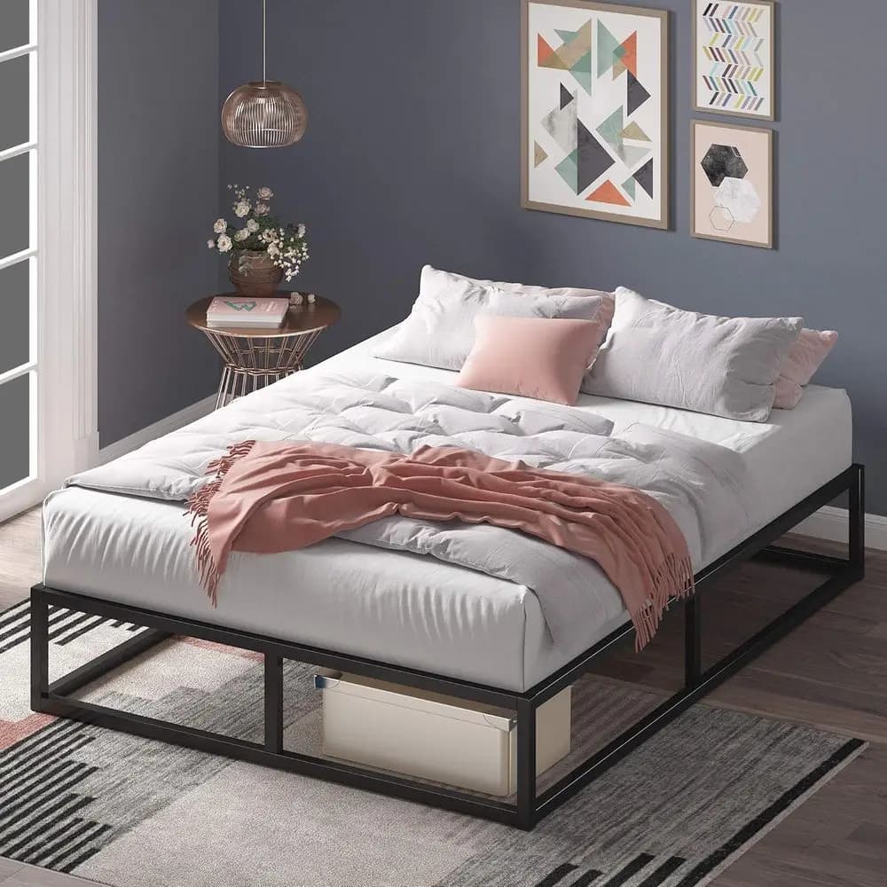 Letto con piattaforma in metallo da 10 pollici con base per materasso e supporto a doghe in legno, non necessita di rete a molle, acciaio robusto, Queen, nero