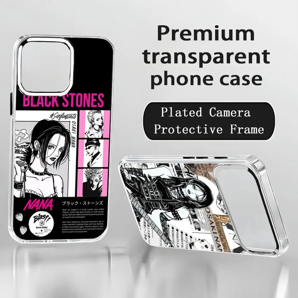 Nana anime girl fashion design Phone Case For iPhone17 air 16 15 14 13 12 11 Pro Max Plus Chrome Button Camera Ring Transparent