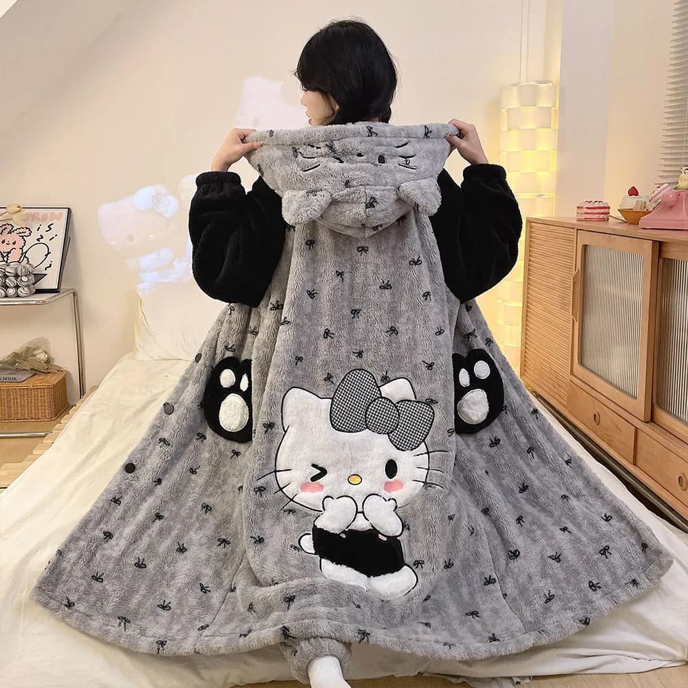 Anime Sanrioed Coral Fleece Sleepwear Hello Kittys Women's Long Hooded Pajamas Autumn Winter Cartoon Robe Warm Home Clothes Set