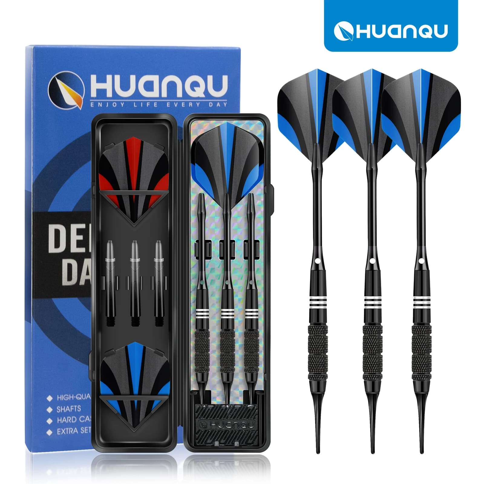 3Pcs Steel Tip Darts Set 20g Professional Darts with Black Blue Flights Textured Barrel Shafts Case for Dartboard Training Game