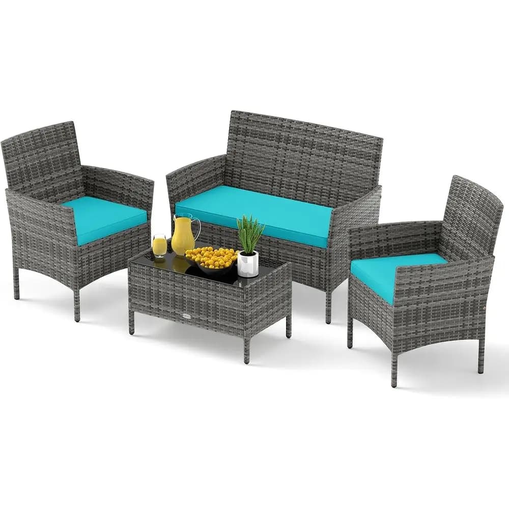 4-Piece Patio urniture Set - Rattan Outdoor Contion Bistro Set w/Cushions, Glass Coee Table, Wicker Chairs & Loveseat or Garden
