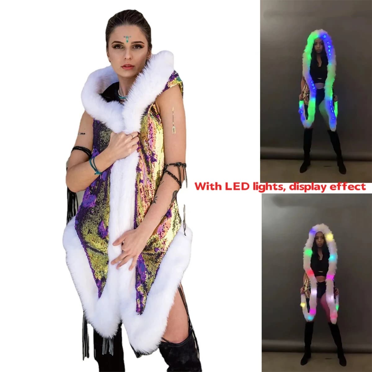 Cappotto in pelliccia sintetica LED da donna per le vacanze di Halloween Nuovo gilet con paillettes Giacca LED Abbigliamento donna Costume Carnevale di Halloween