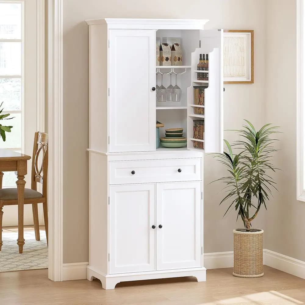 Armadio Dispensa in Legno Alto 71'' con Cassetti e Portabicchieri - Mobile Contenitore Indipendente per Cucina, Soggiorno e Sala da Pranzo