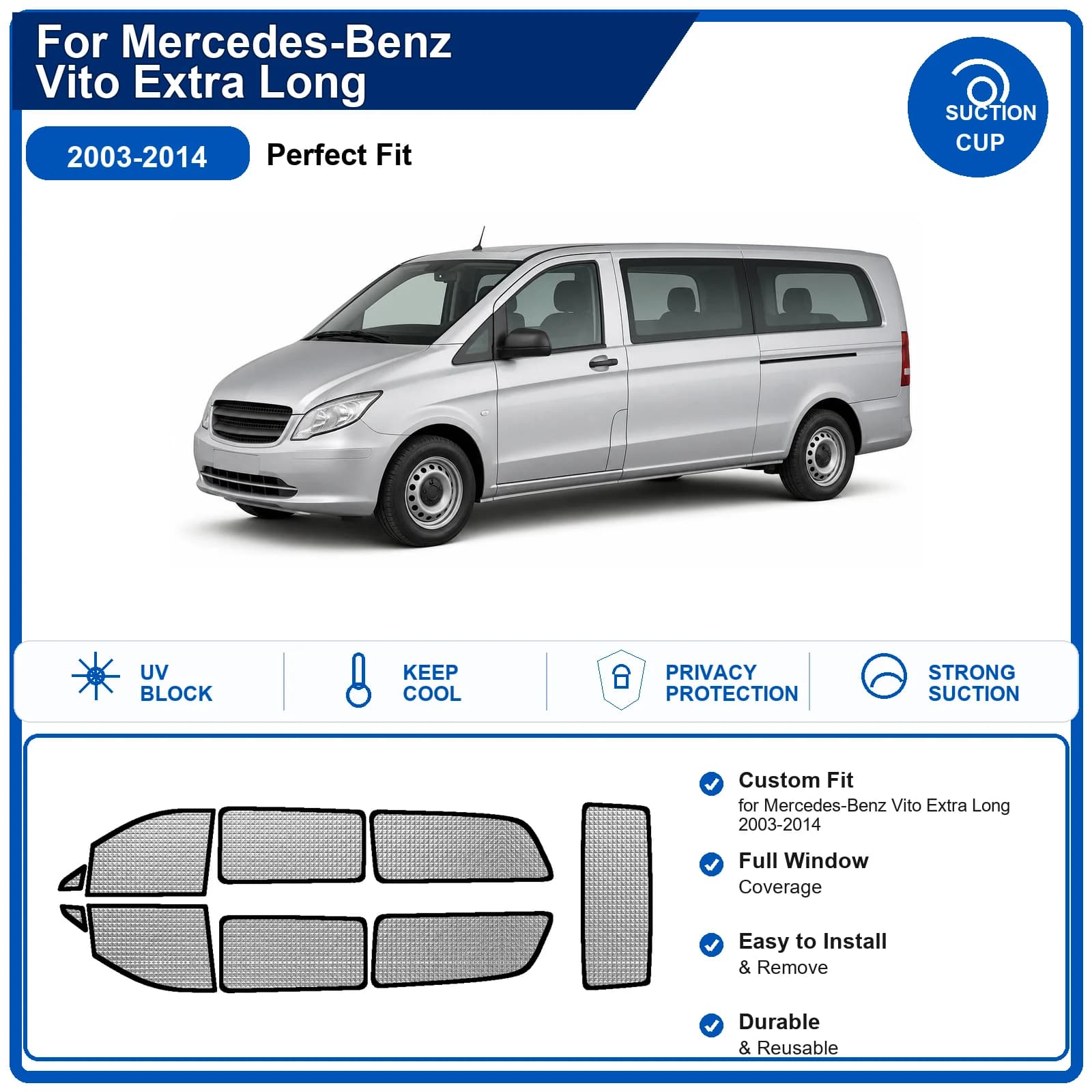 For Mercedes-Benz Vito Extra Long 2003-2014 Custom Full Set Windshield Sun Shade Aluminum Foil Heat Insulation Anti UV Foldable