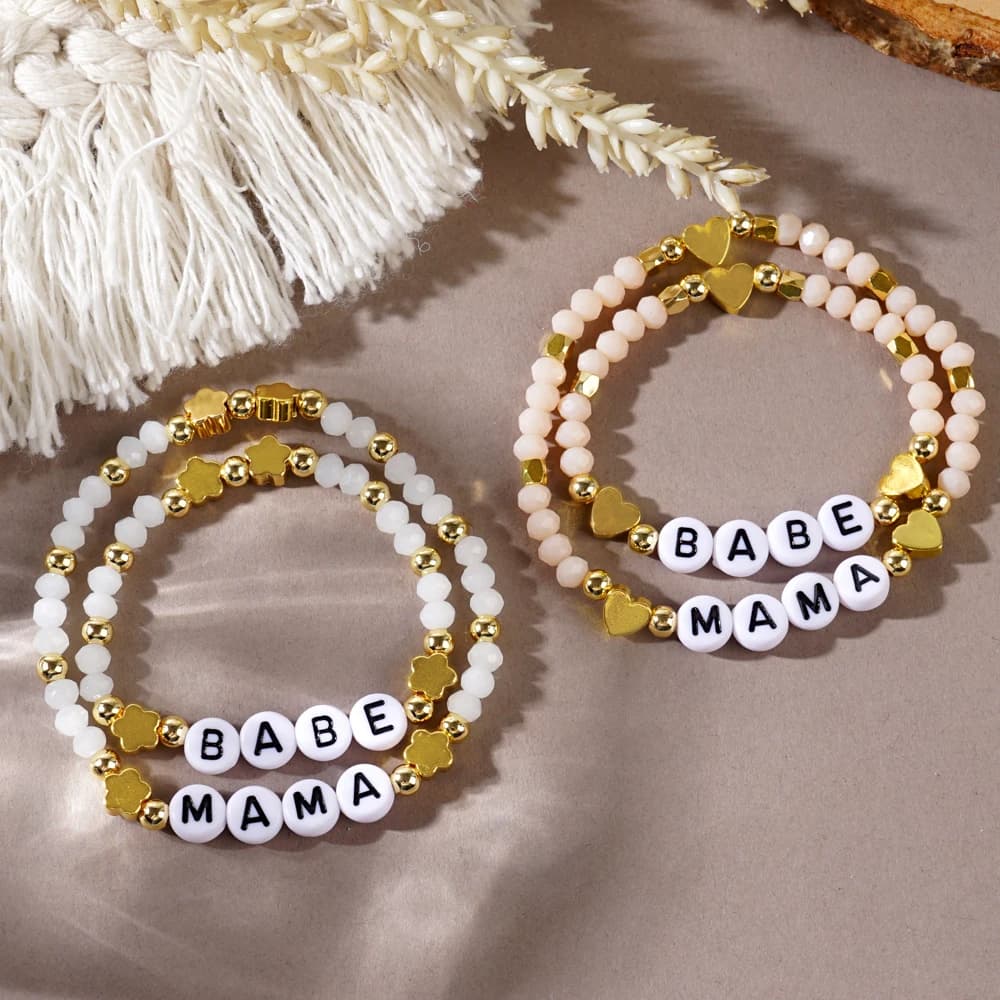 Go2boho Handmade Beaded Mom Daughter Bracelets Set Personalized Letter MAMA BABE Elastic Jewelry Mother's Day Gift