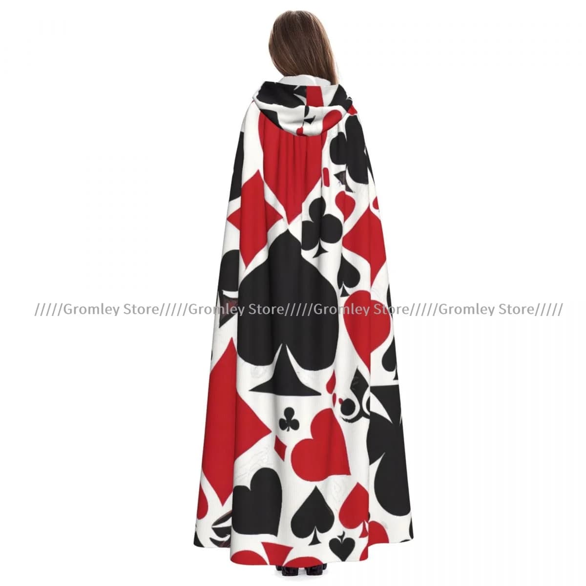 Mantello Unisex per Halloween con Motivi di Carte da Poker, Cappa con Cappuccio, Costume Medievale, Strega, Wicca, Vampiro
