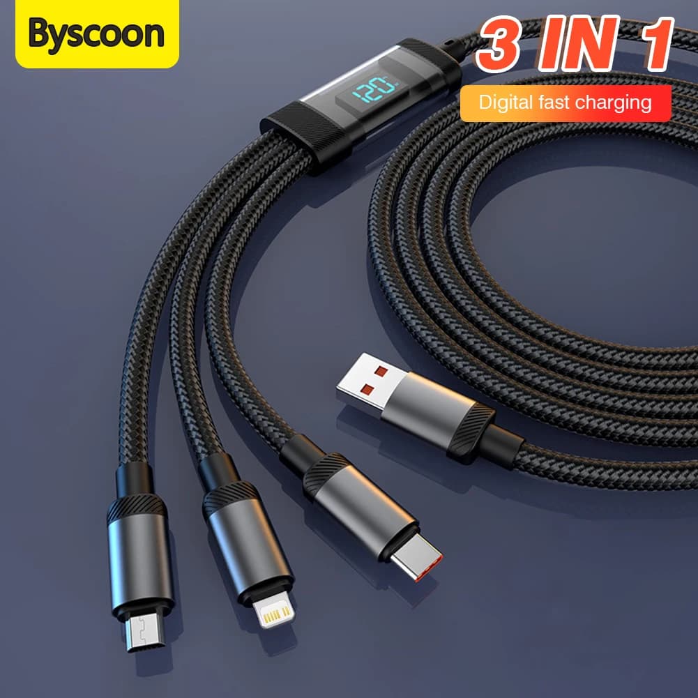 Byscoon Cavo USB 3 in 1 Cavo micro USB tipo C Cavo display digitale a ricarica rapida da 120 W per iPhone 15 14 Samsung S23 Xiaomi OPPO