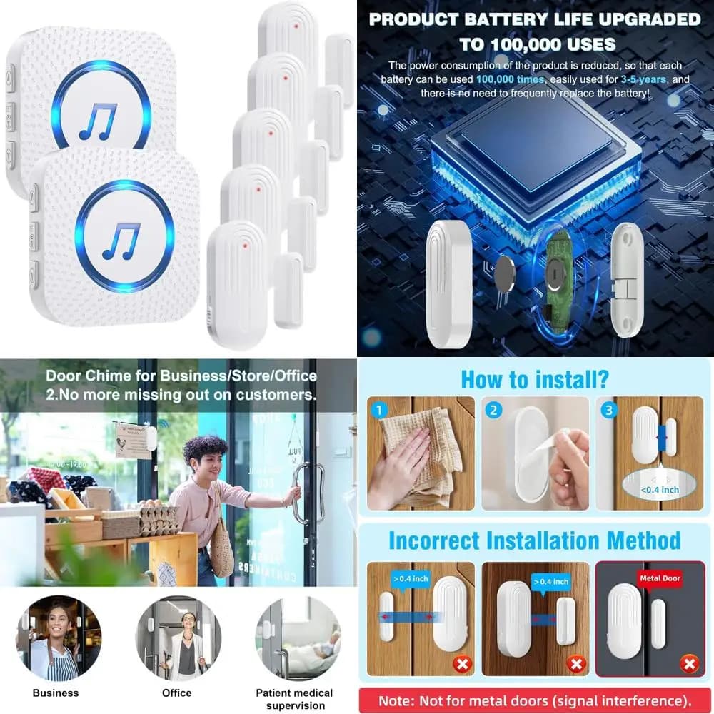 Allarme per Porta con Volume Regolabile e Suoneria, 5 Sensori Magnetici e 2 Ricevitori, Portata 500 Piedi