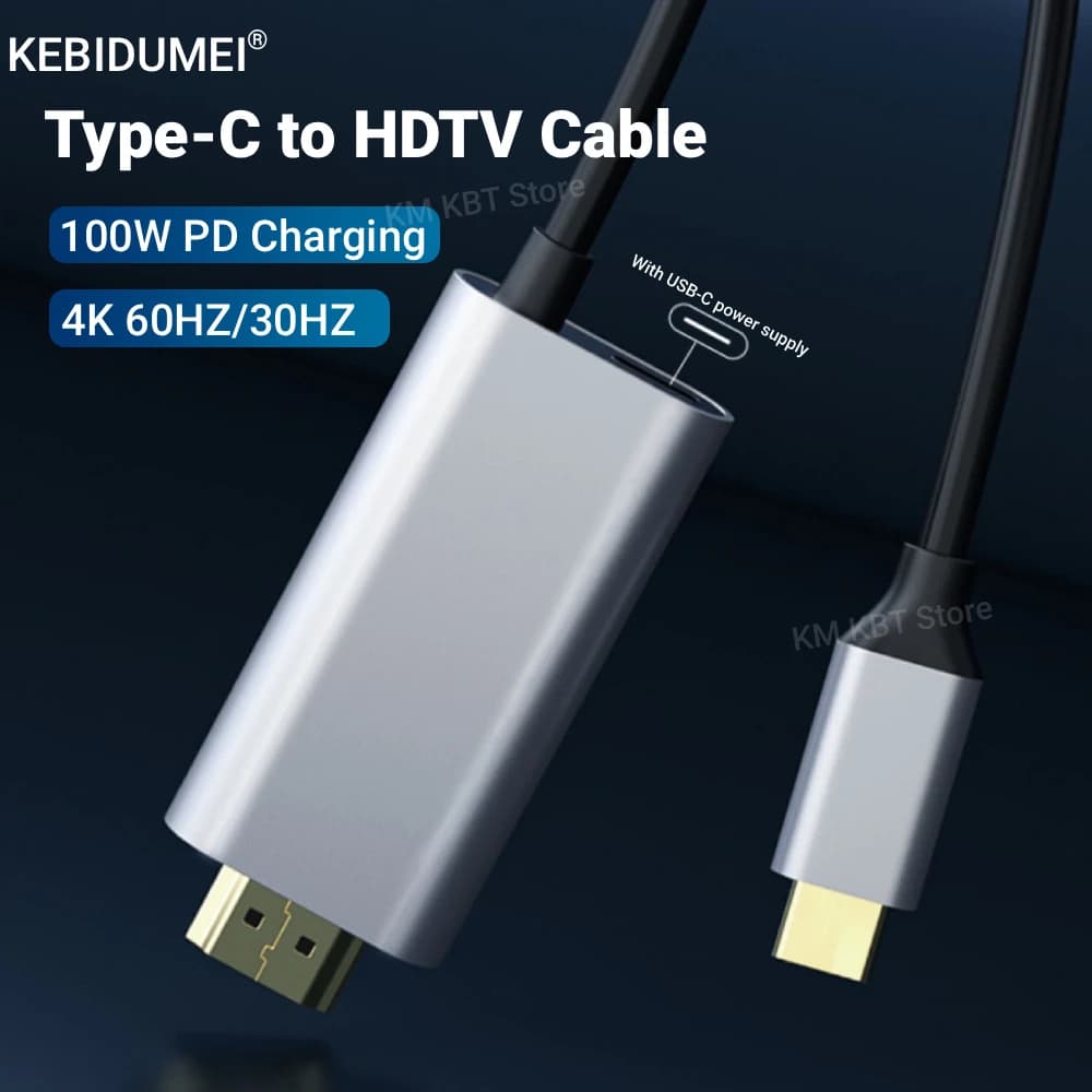Compatible cable type C to HDMI for HDTV games with PD charging 4K 60Hz/30Hz 100W compatible with mobile phone tablet laptop