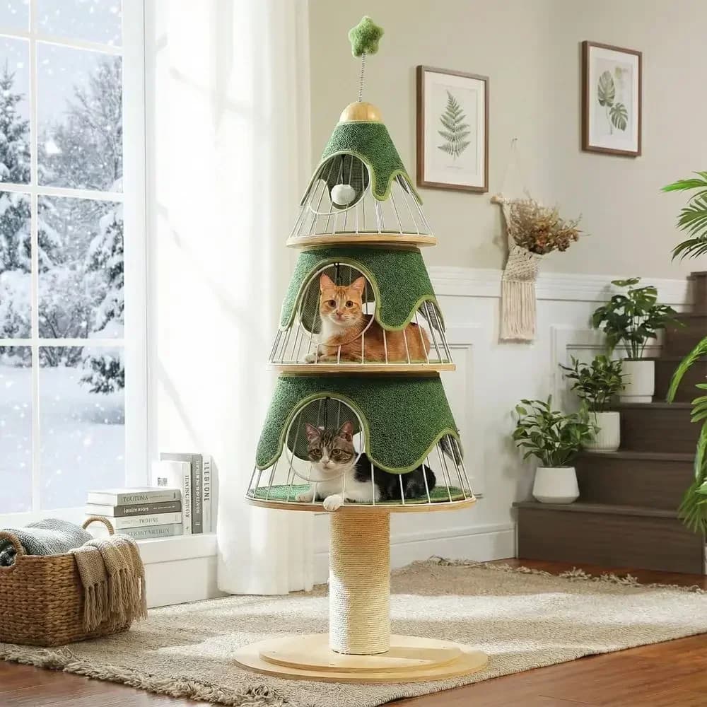 Albero di Natale per Gatti 51.2 con Tiragraffi Spesso, Torre per Gatti a 3 Livelli in Legno - Arredamento Resistente con Struttura in Metallo e Elementi Sostituibili