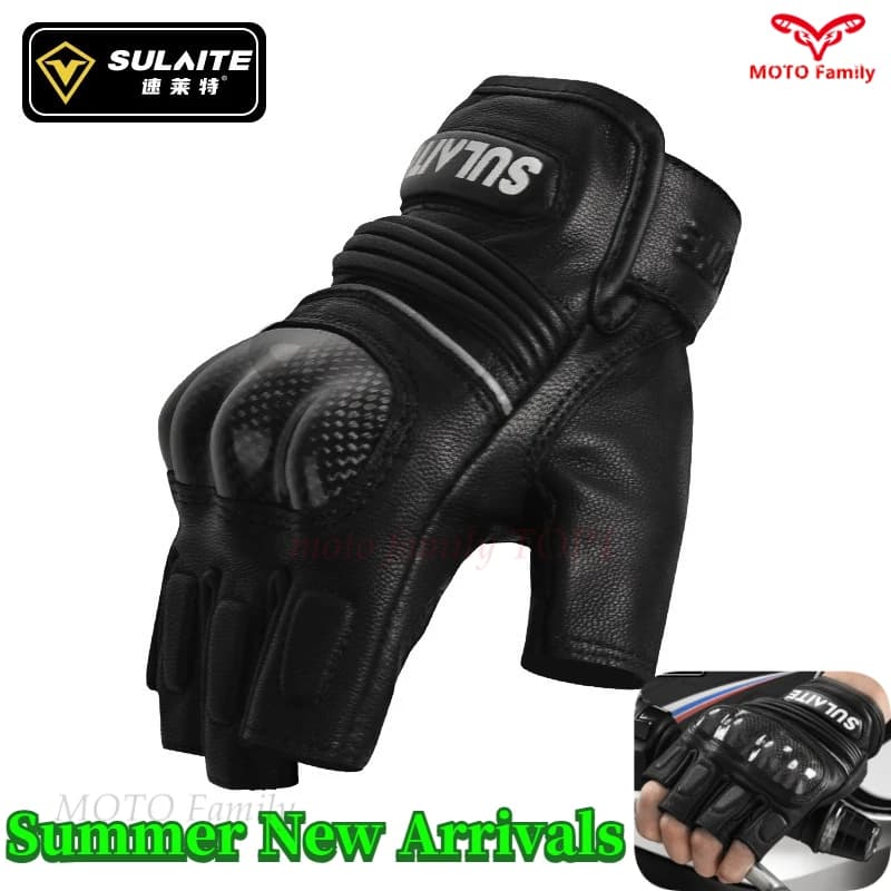 Guanti da moto SULAITE estivi traspiranti a mezze dita in pelle di pecora con fibra di carbonio, guanti protettivi da corsa, guanti da motocross