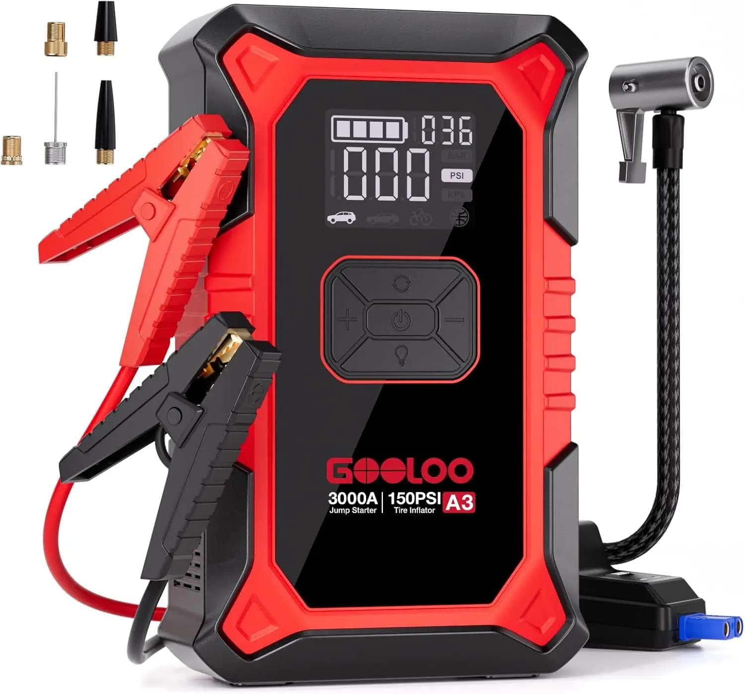 Booster batteria per auto portatile 3000A con compressore d'aria, gonfiatore per pneumatici 150PSI per veicoli a gas/iesel