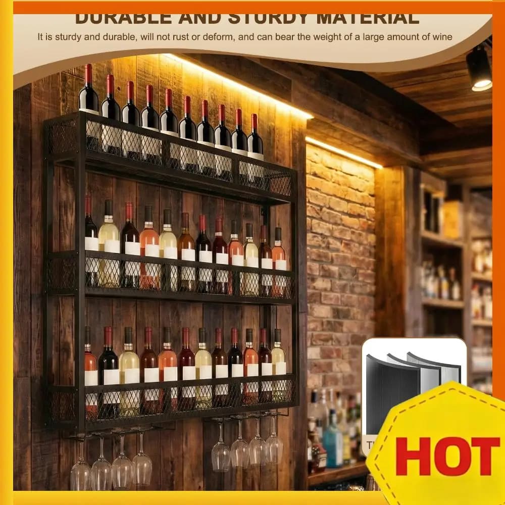 Portabottiglie a 3 livelli da 39 pollici con porta bicchieri, scaffali espositivi per bicchieri da vino per cucina, casa, bar, sala da pranzo, soggiorno