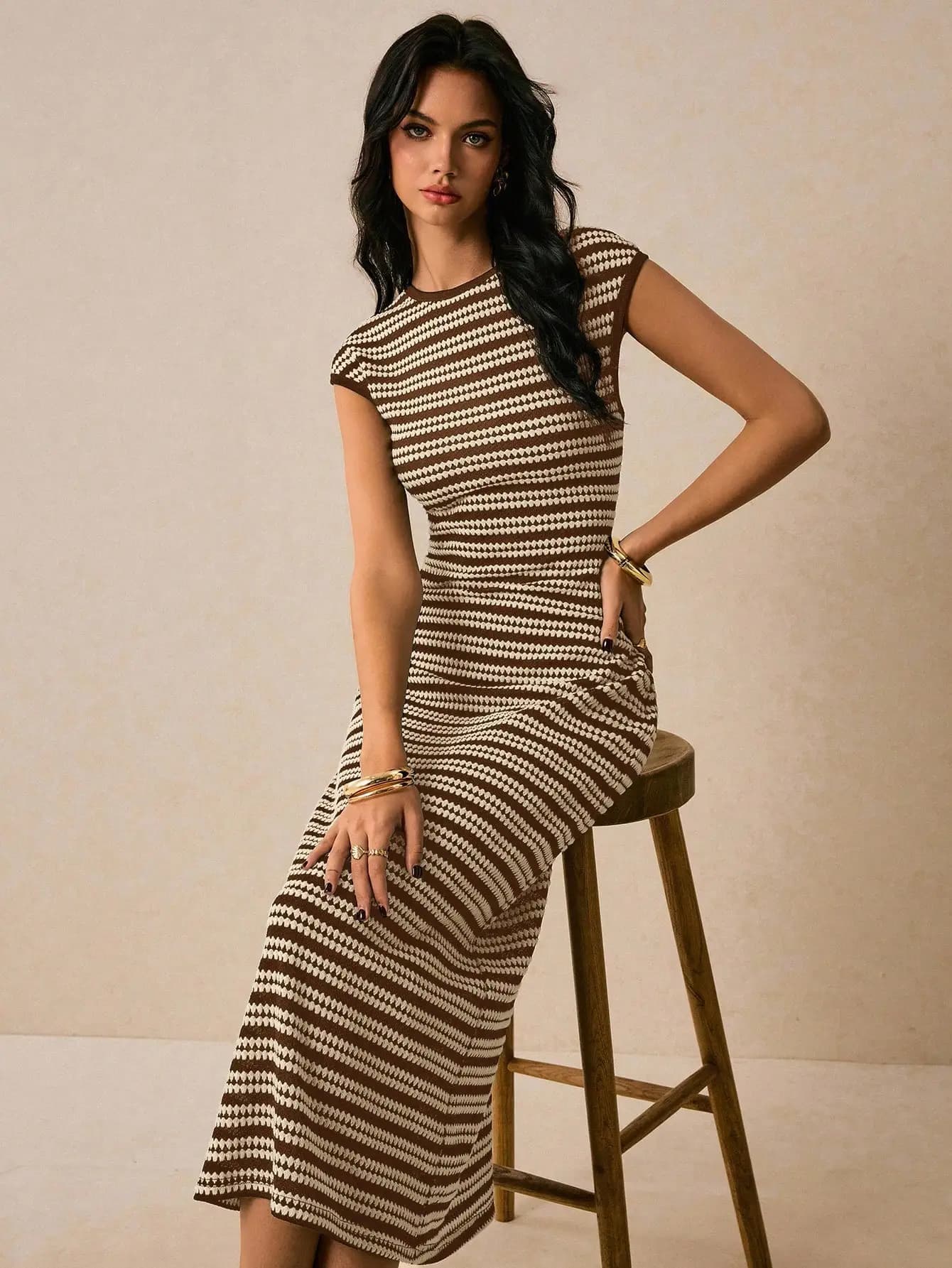 Women's Striped Round Neck Cap Sleeve Casual Midi Dress