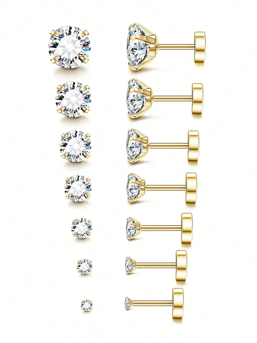 Stud Earrings With Flat Back For Women, Cubic Zirconia Surgical Stainless Steel Earring Jewelry 2-8mm