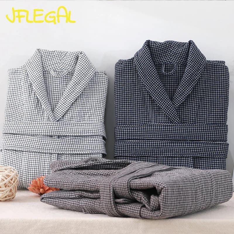 JFLEGAL Autumn and Winter Cotton Bathrobe Minimalist Plaid for Men and Women 6-layer gauze towel thickened adult bathrobe