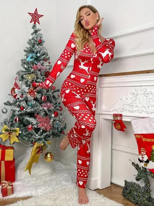 Christmas theme women's lounge suit, design with striped color block pattern - Comfortable night garments with long sleeve V neckline for autumn and W