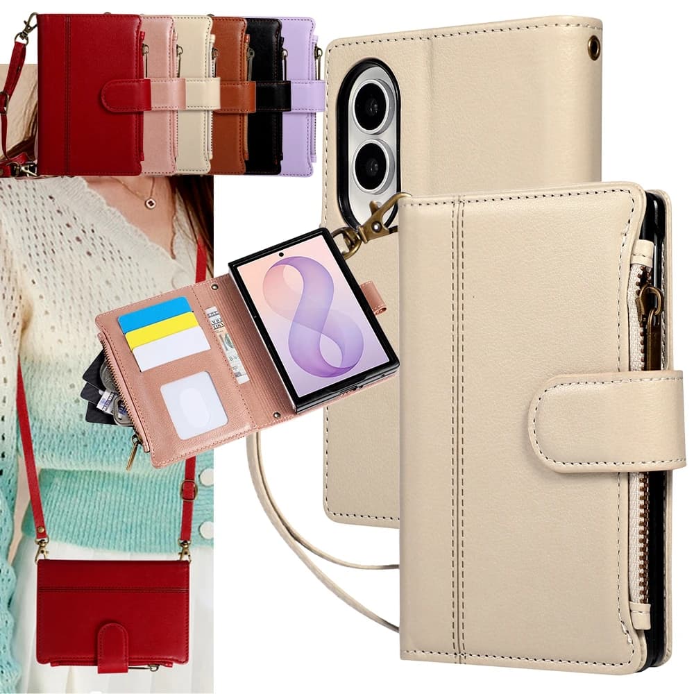 Crossbody Wrist Strap Wallet Card Holder Phone Case for Samsung Galaxy Z Fold 8 Fold8 Shockproof Leather Zipper Cover Bag