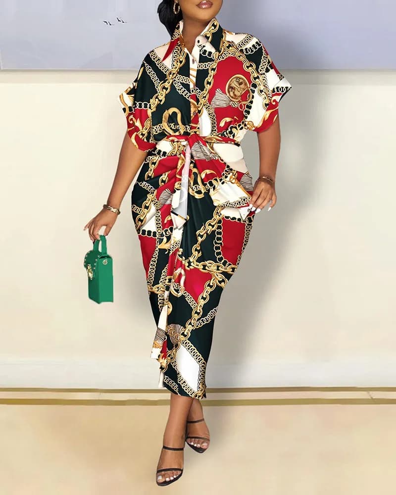 Women's Short Sleeve Button Down Shirt Dress with Gold Chain Print, Collared Midi Dress with Waist Sash for Casual Wear