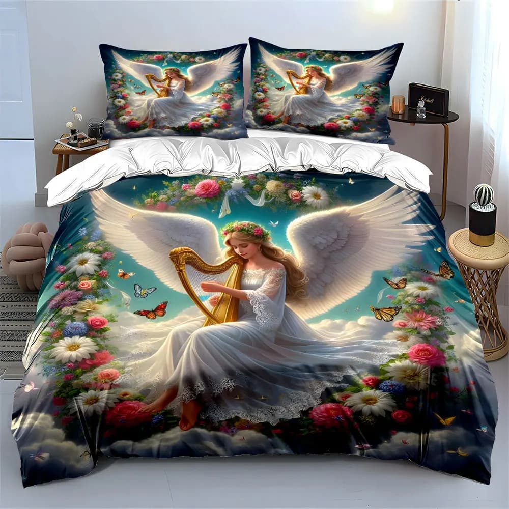Set di biancheria da letto con stampa di angelo che suona l'arpa dorata, morbido e confortevole, include 1 copripiumino, 2 federe, regali di lusso