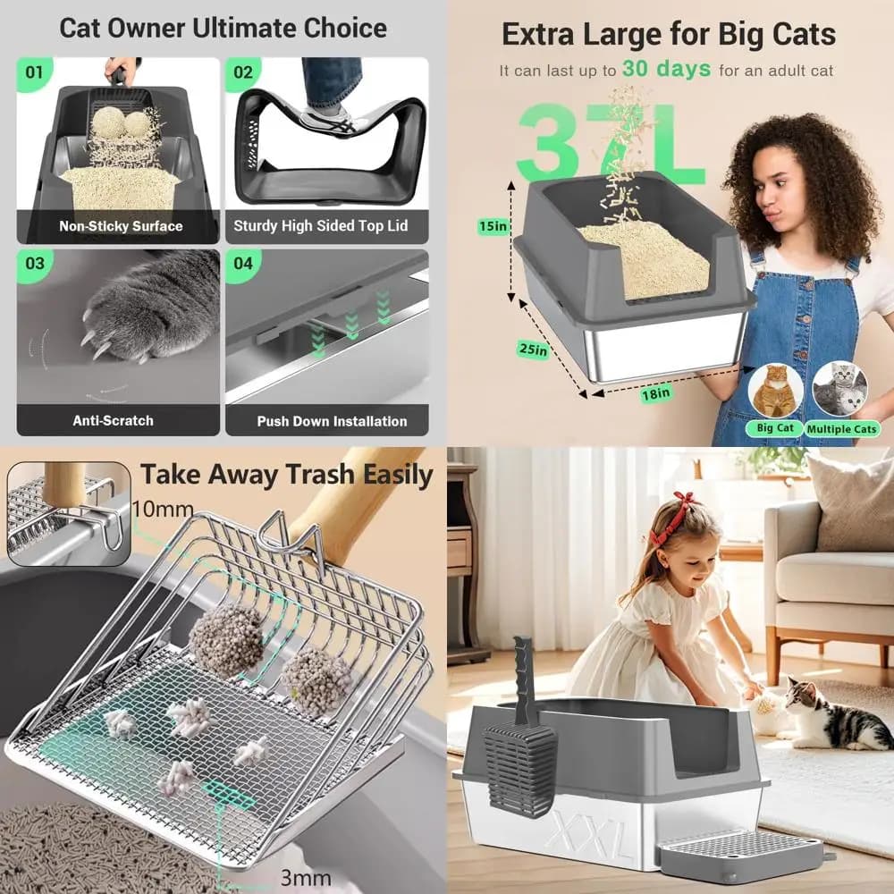 Lettiera XXL per Gatti di Grandi Dimensioni con Pareti Alte, Impermeabile, Inodore, Facile da Pulire