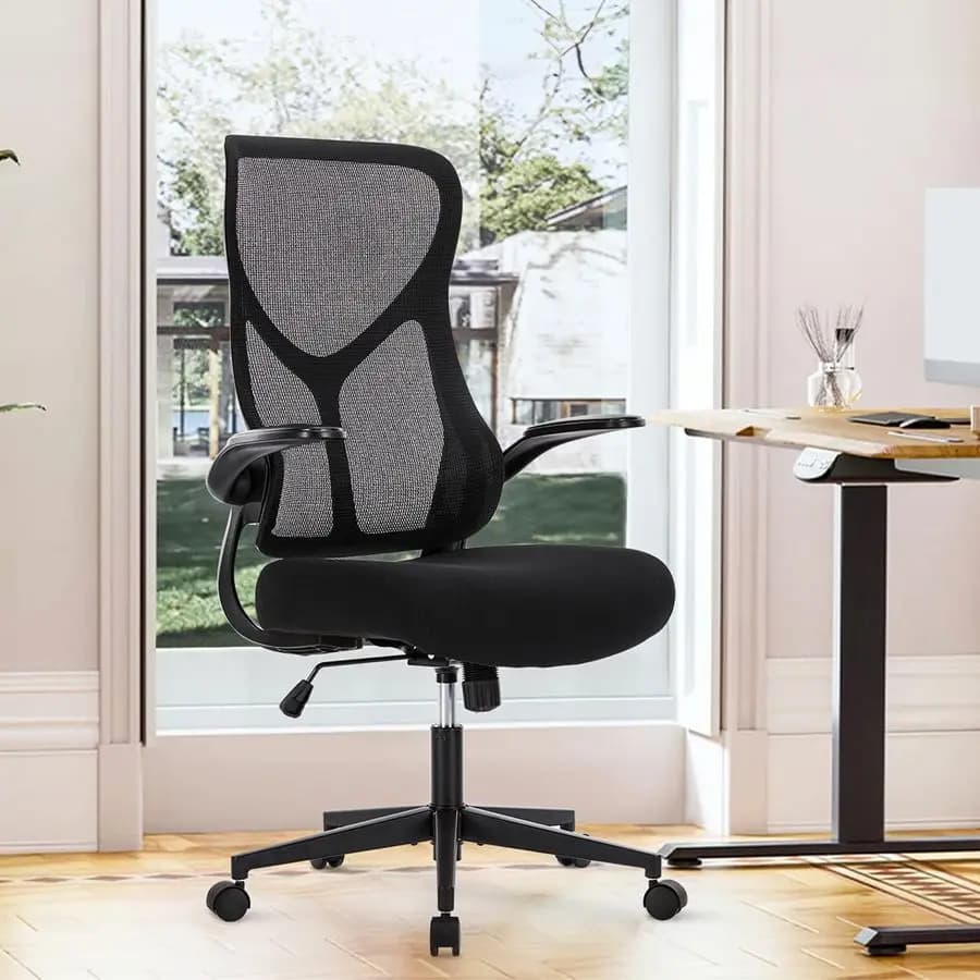 Sedia da Ufficio Ergonomica, Sedia da Scrivania Comoda con Schienale Alto e Ruote, Braccioli Girevoli e Ribaltabili, Sedia da Gaming in Rete per Casa, Nera