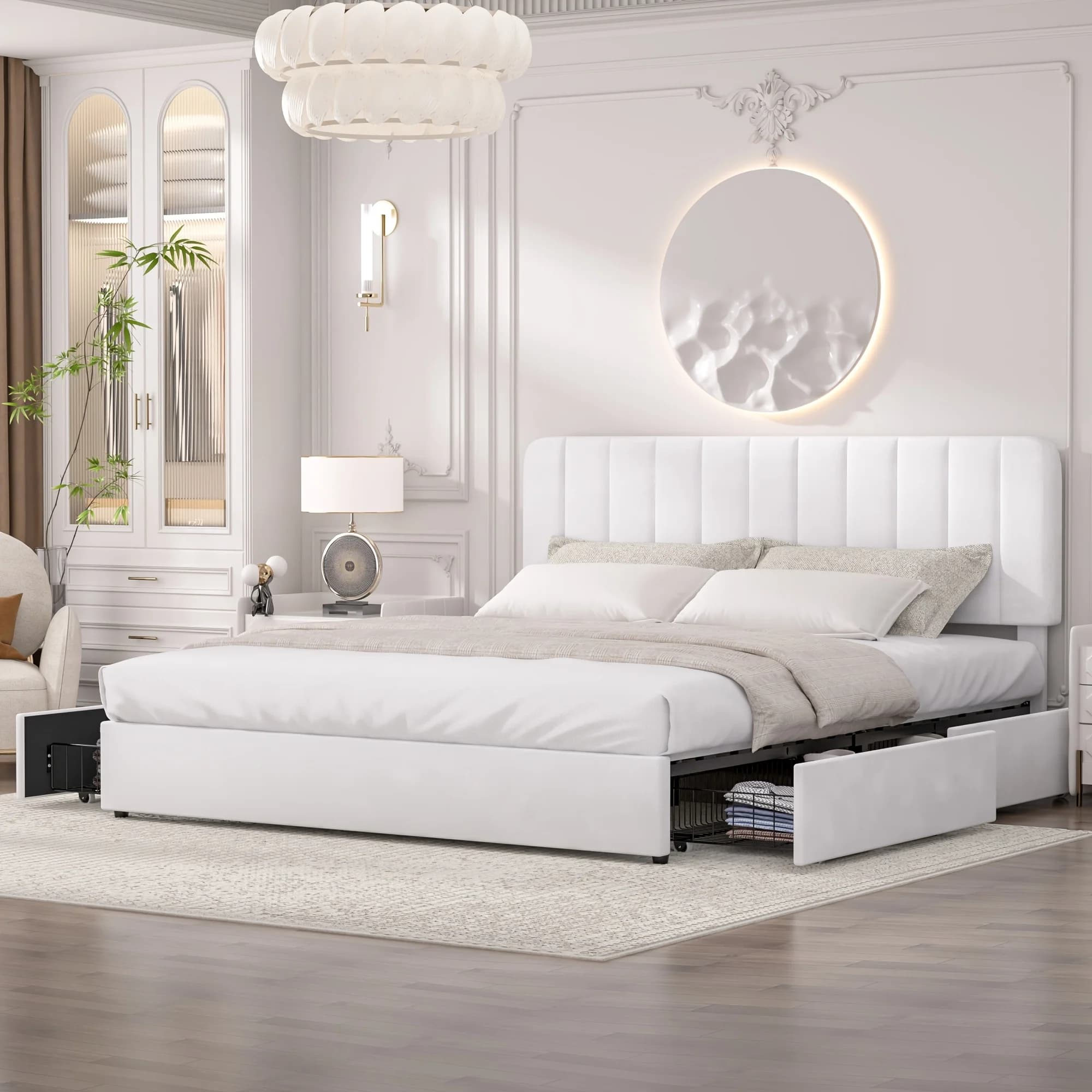 Base letto imbottita con cassetti, disponibile nelle misure Twin/Full/Queen/King, con testiera in velluto e contenitore integrato