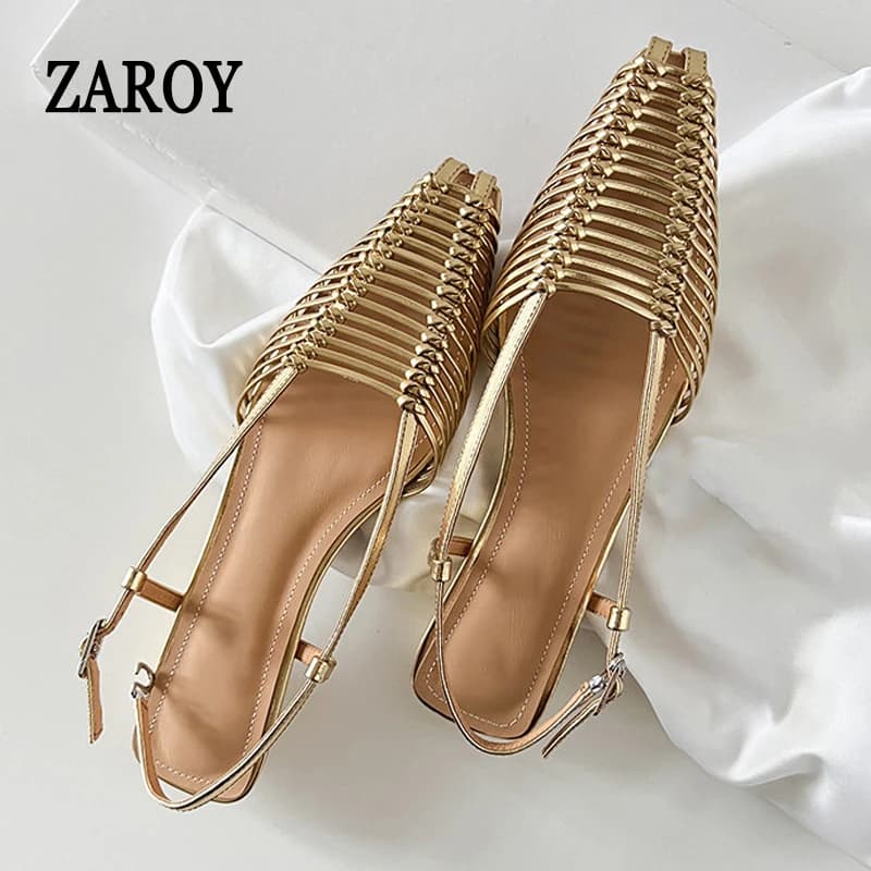ZAROY Cozy Low Heels Women Sandals Street Style Narrow Band Hollow Ankle Strap Summer Flat Sandals Elegant Dinner Dress Shoes