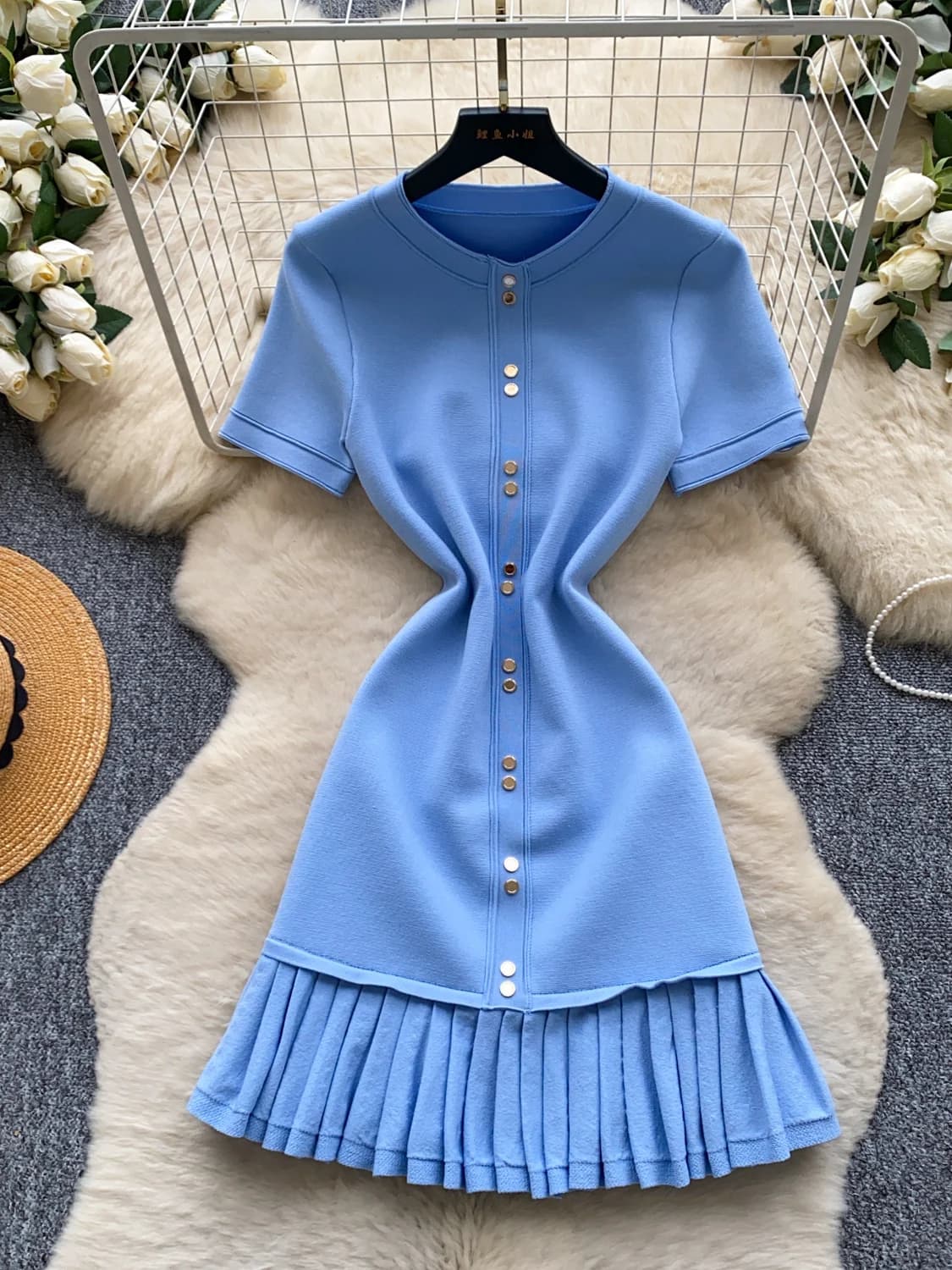 Blue Commuter Short Sleeve Dress Women's Slim Fit Midi Skirt High Waist Pleated Summer Fashion French Style Workwear A-Line