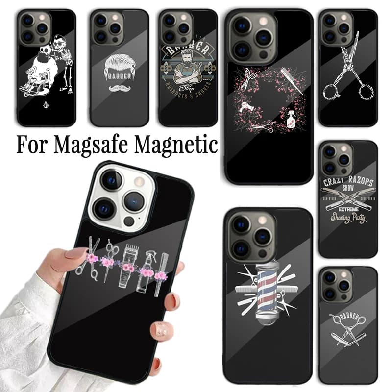 Cover per iPhone con design a tema barbiere (forbici, pettine, rasoio) per iPhone 17 AIR 16 15 14 13 12 11 Pro Max Plus, compatibile con ricarica wireless e Magsafe