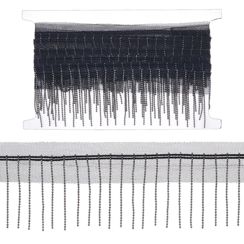 Passamaneria in pizzo di poliestere con catena in ferro e nappe frange decorate con perline per decorazione di vestiti, borse, scarpe, cappelli, nero, 2-3/4 pollici (71,5 mm)
