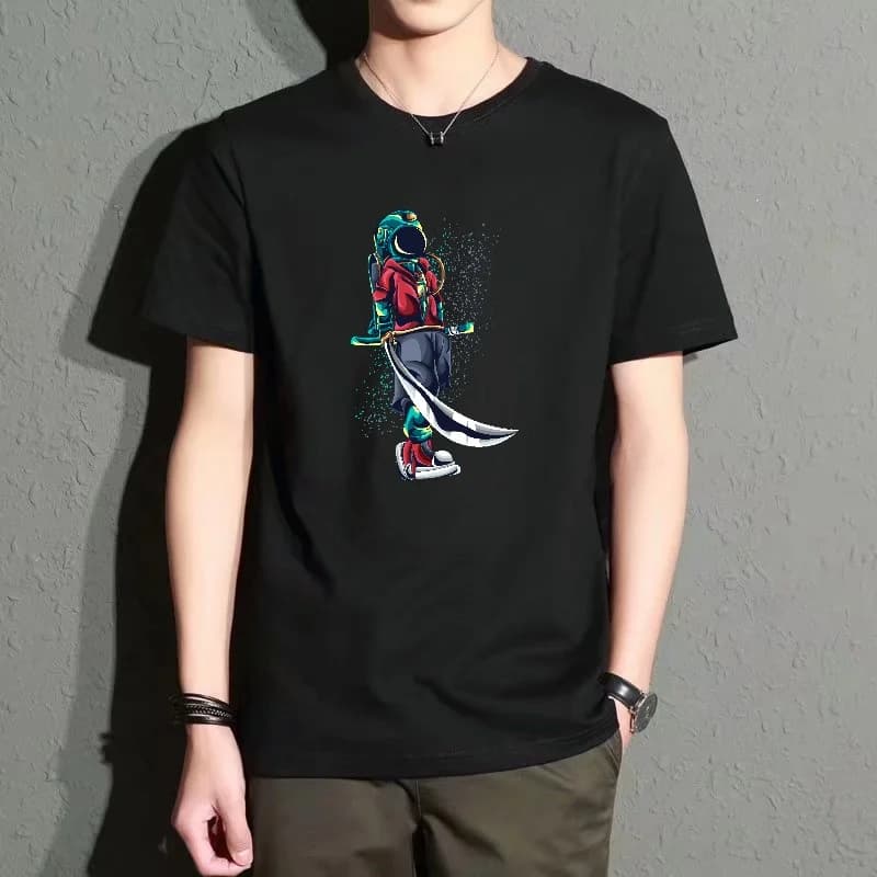 Men's Black Round-Neck Short-Sleeved T-Shirt, Street Fashion Cartoon Print Top, Loose Fit, Casual and Versatile, Breathable and Comfortable, New Summer Style