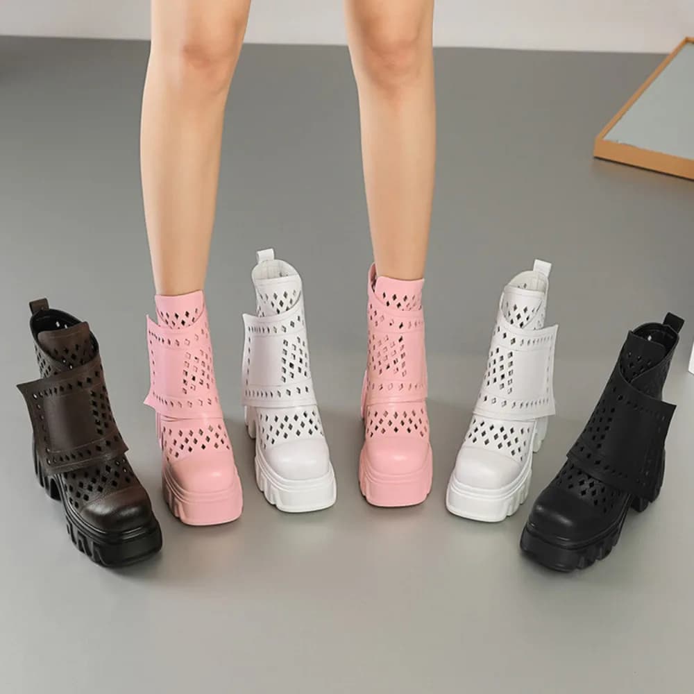 Nuovi Arrivi: Stivaletti da Donna Rosa con Plateau e Tacco Grosso, Stivali Casual con Zip Laterale e Dettagli Cut-Out, Scarpe Estive Traspiranti