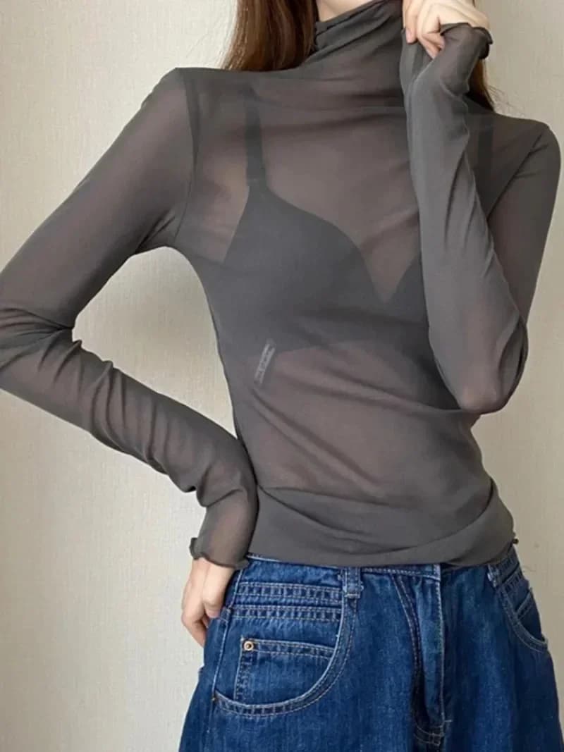 Top a maniche lunghe da donna primavera estate, sexy, nero, in rete trasparente, stile punk, per clubwear, camicia, t-shirt, top da spiaggia, top da donna