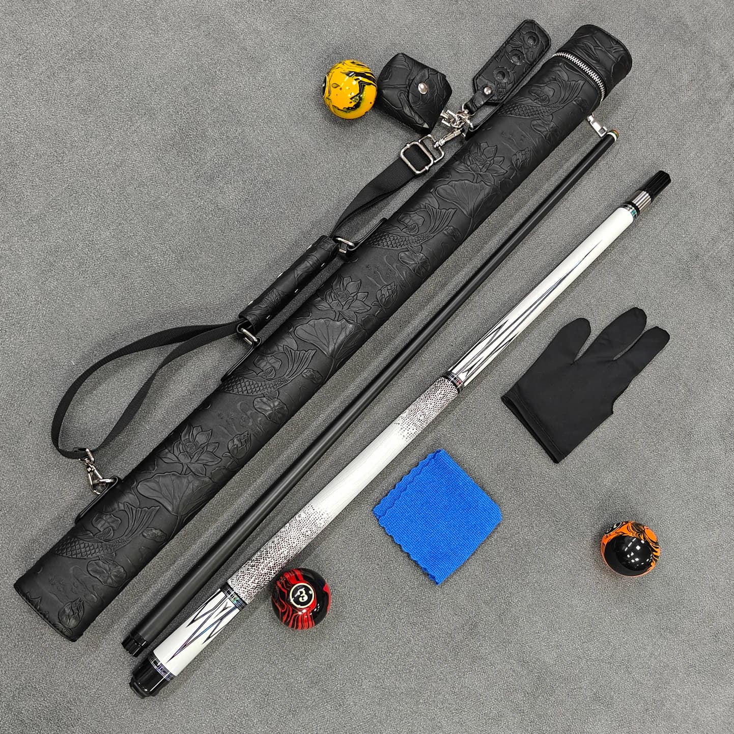 Premium 58.66in Carbon Fiber Pool Cue Set, Rhombus Decal, Faux Lizard Grip, Black Fish Cue Case for Entertainment