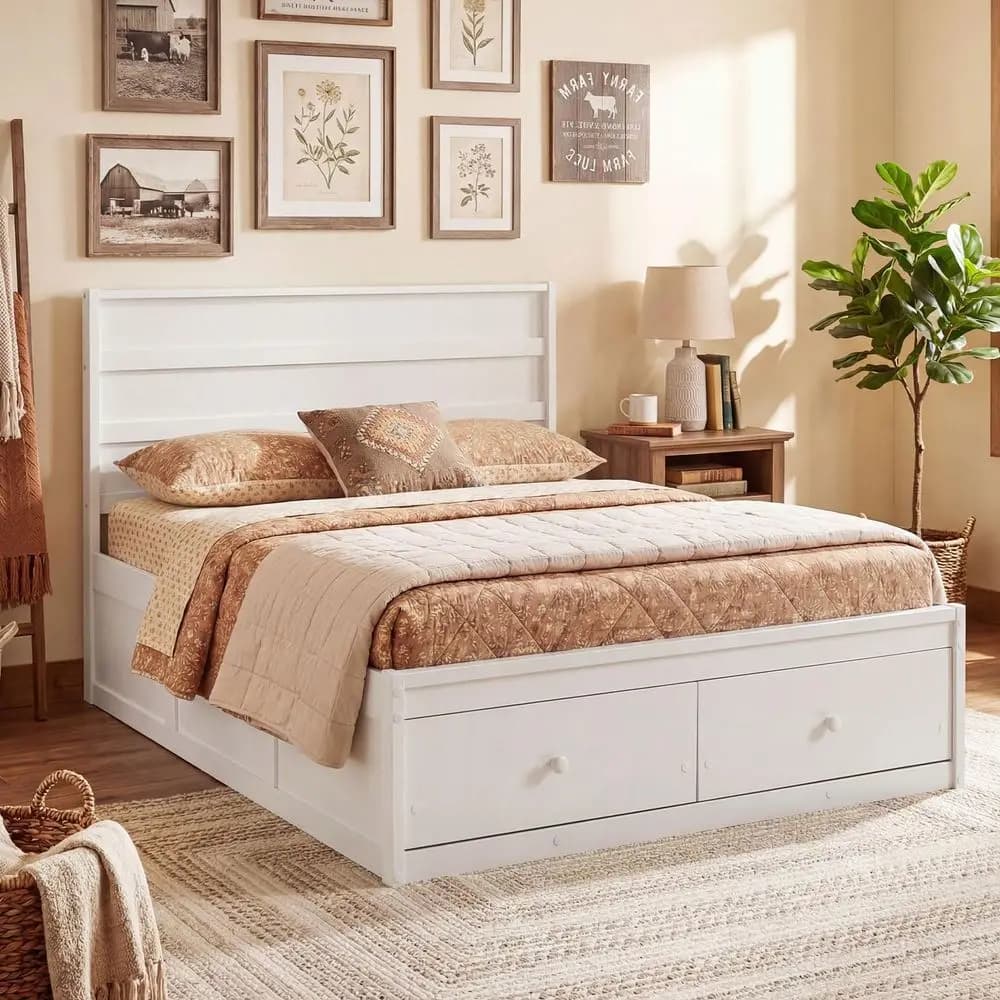 Double bed structure with drawers, wooden platform bed with headboard, solid base for mattress with wooden slats support
