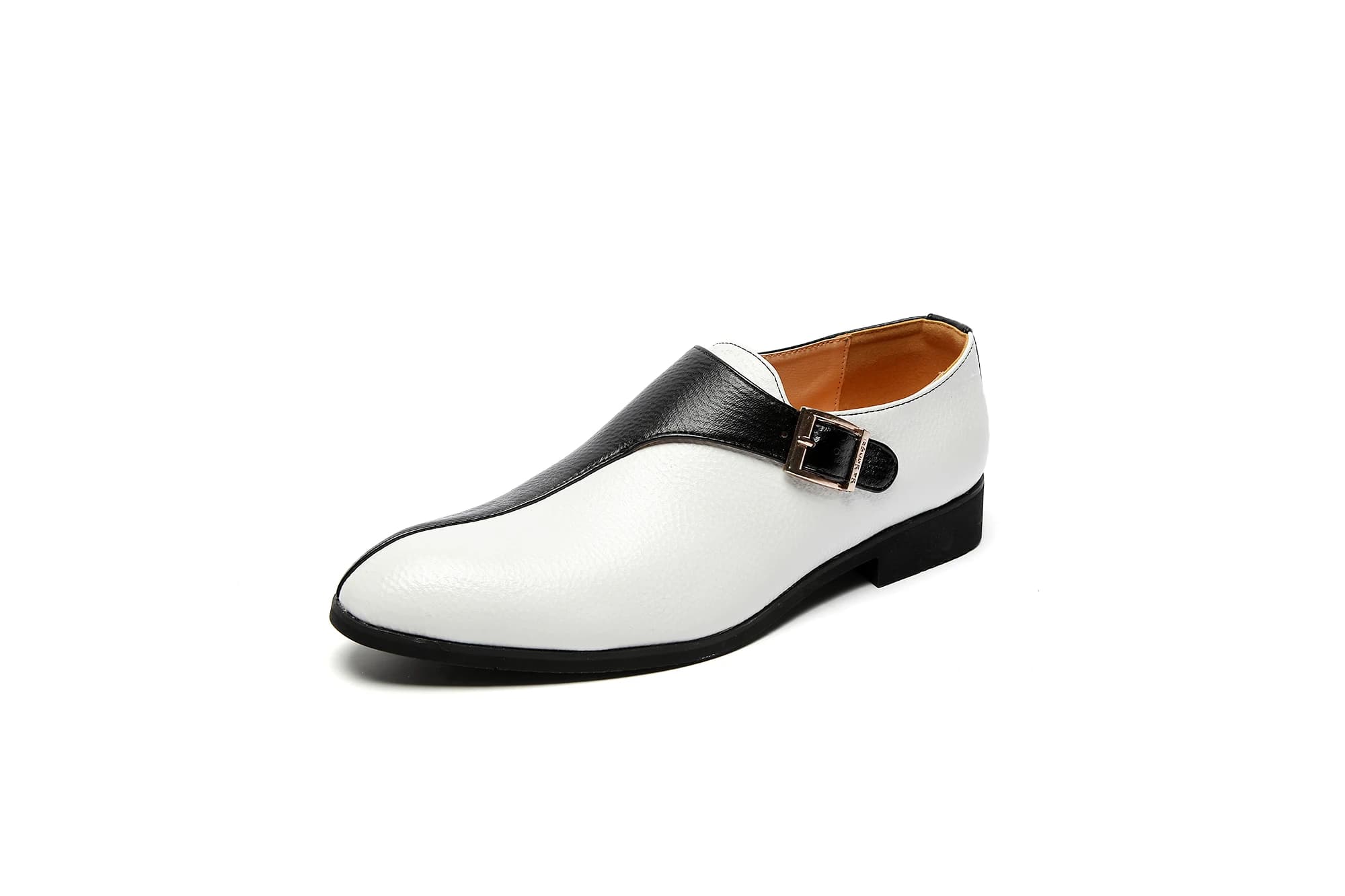 Mocassini Classici Bianco e Nero con Patchwork per Uomo, Scarpe Casual Professionali Formali in PU con Tacco Basso e Punta Rotonda con Fibbia