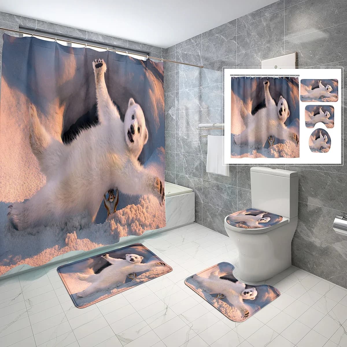 4 Pcs Polar Bear Shower Curtain Set Cute Cute Animals Shower Curtain Bathroom Non-Slip Bath Mat Toilet Cover Shower Curtain Set