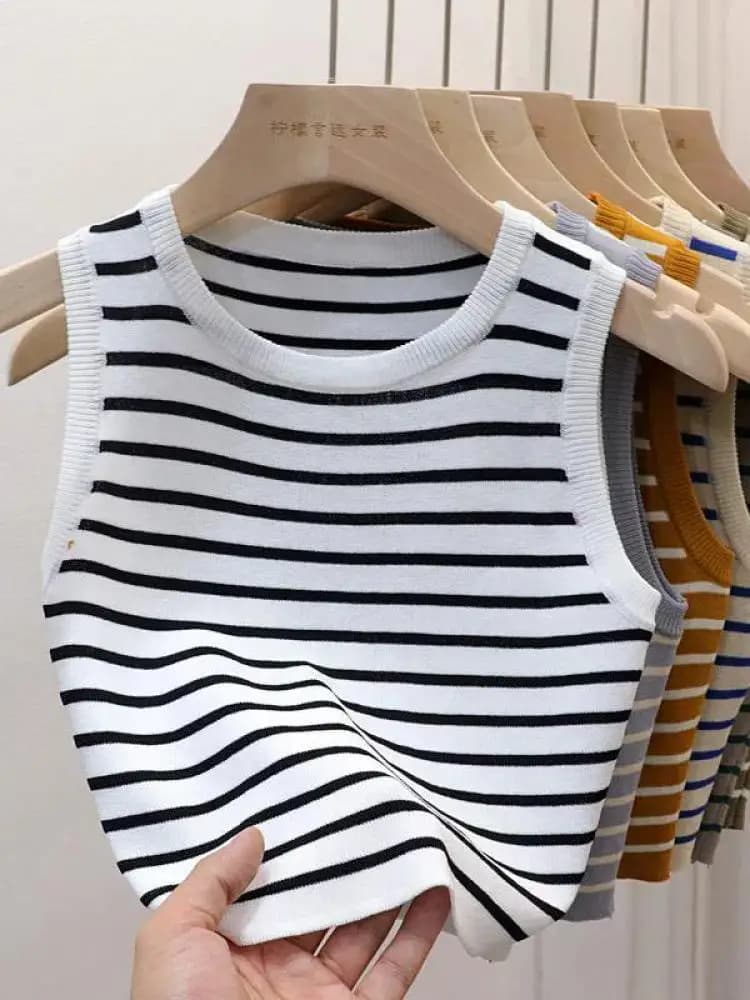 Summer Spring Striped Tank Tops Women Sleeveless Knitted T-Shirts 2026 Crop Tops Female Elastic Slim Casual Vests Pullover Camis