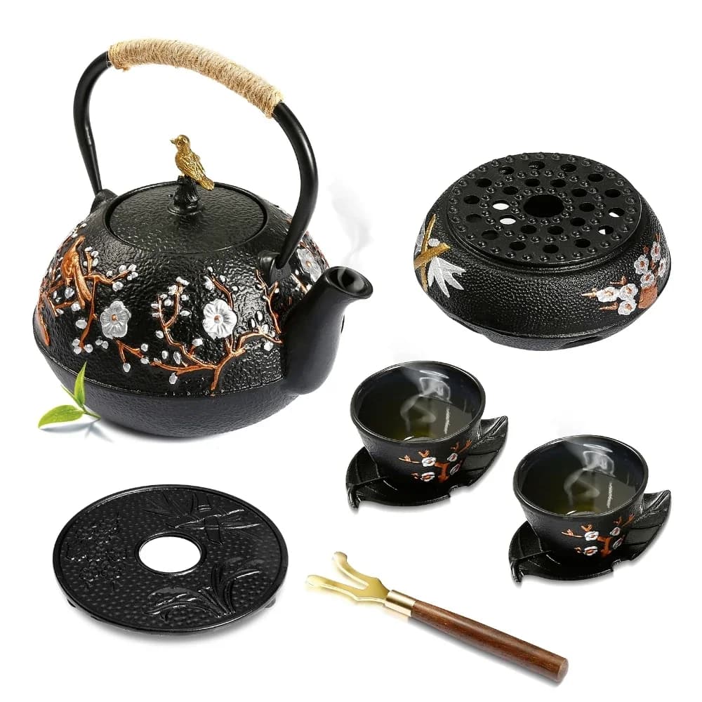 Set teiera in ghisa con fornello ad alcool/tappetino per teiera Bollitore da 720 ml 4 tazze da 120 ml per stufa elettrica in ceramica a induzione a carbone
