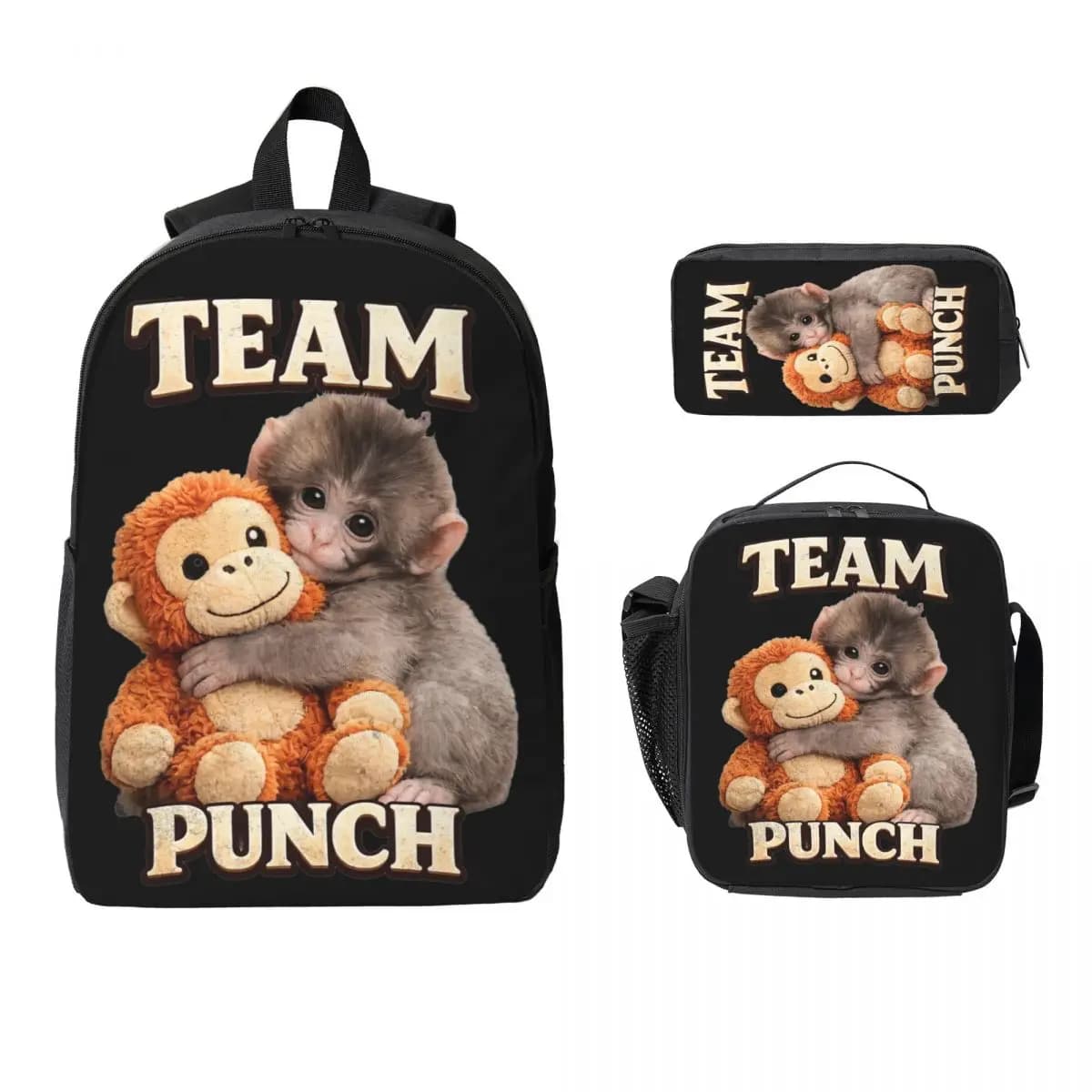 Set di 3 pezzi: Zaino con peluche a forma di scimmia, astuccio e borsa termica per la scuola, per bambini e bambine.