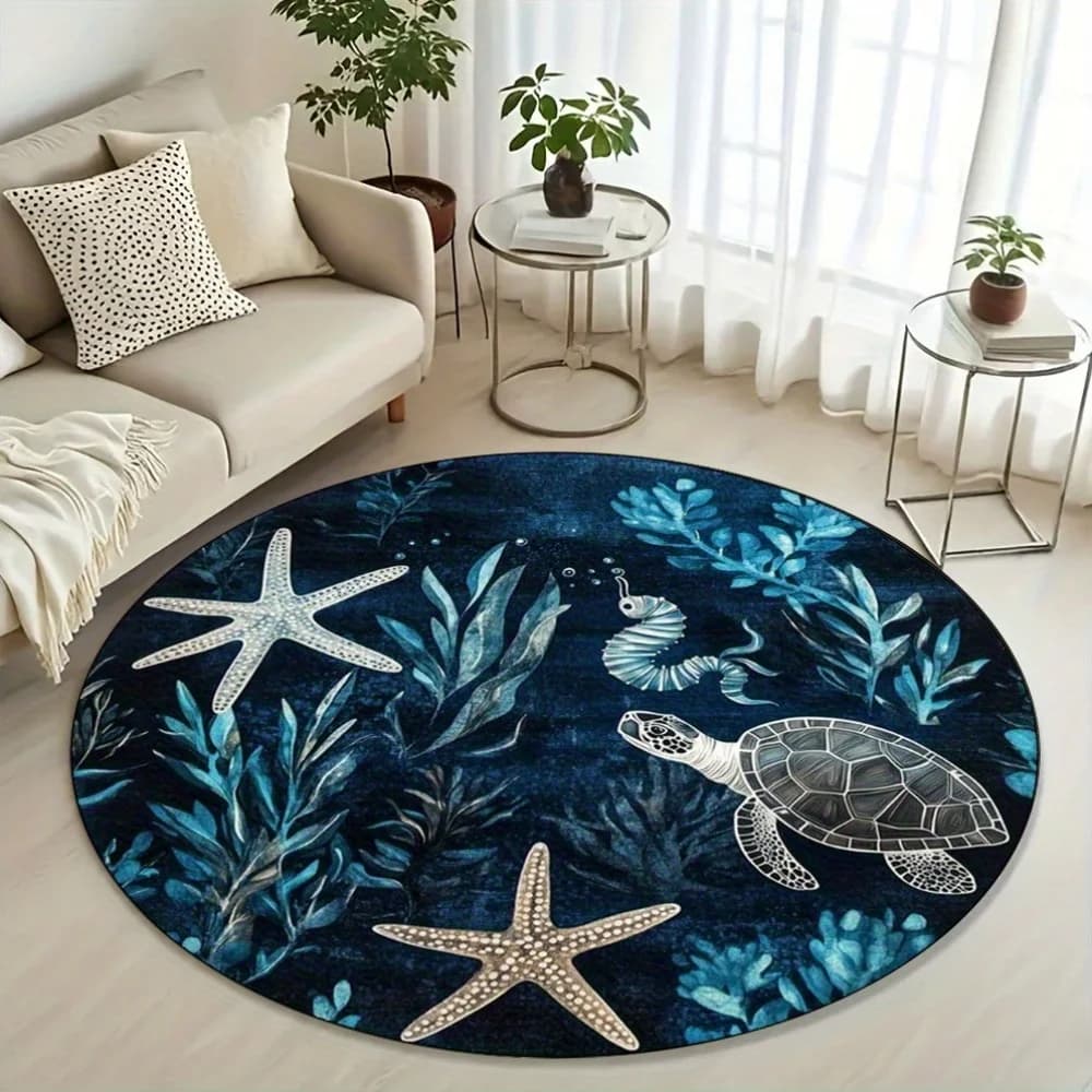 1 tappetino rotondo con stampa di animali marini e piante - Flanella blu scuro con design di stelle marine e tartarughe, lavabile in lavatrice, durevole