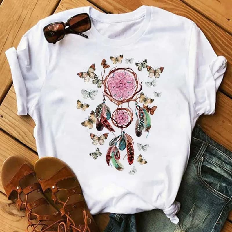 2026 Pure Cotton Children's T-shirt Fashionable Feather Dream Catcher Net Printed Parent-child Outfit for Men and Women