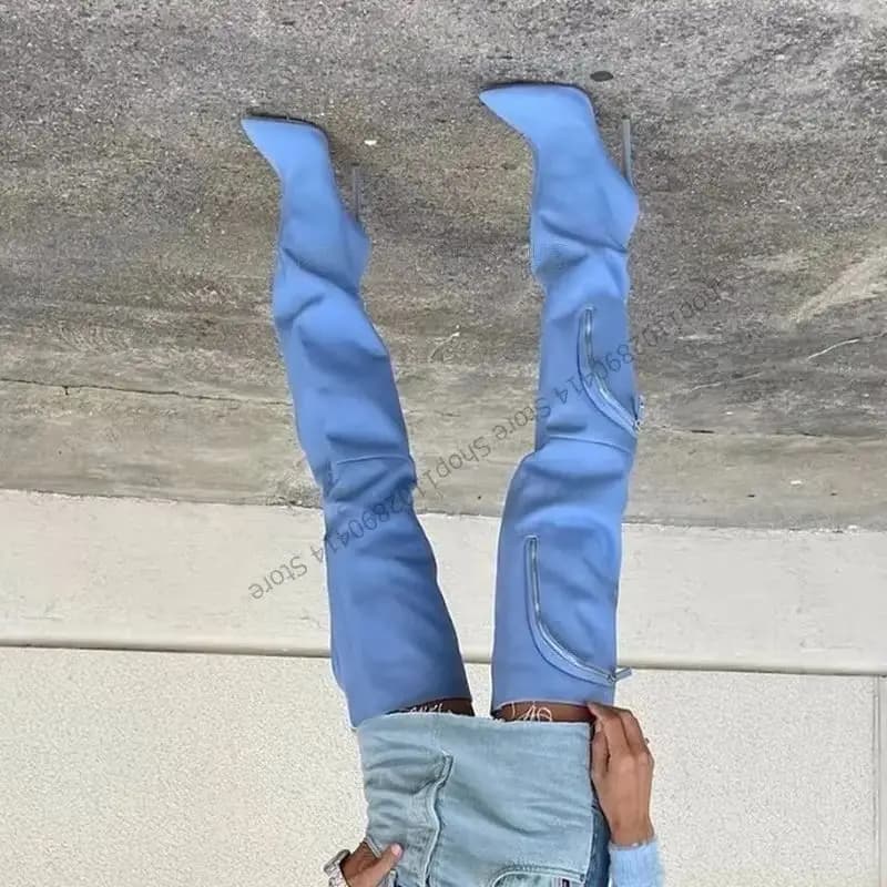 Stivali Blu Navy con Tasche in Denim e Punta Affusolata, Zip Posteriore, Scarpe da Donna Sexy e alla Moda per Feste e Sfilate 2023