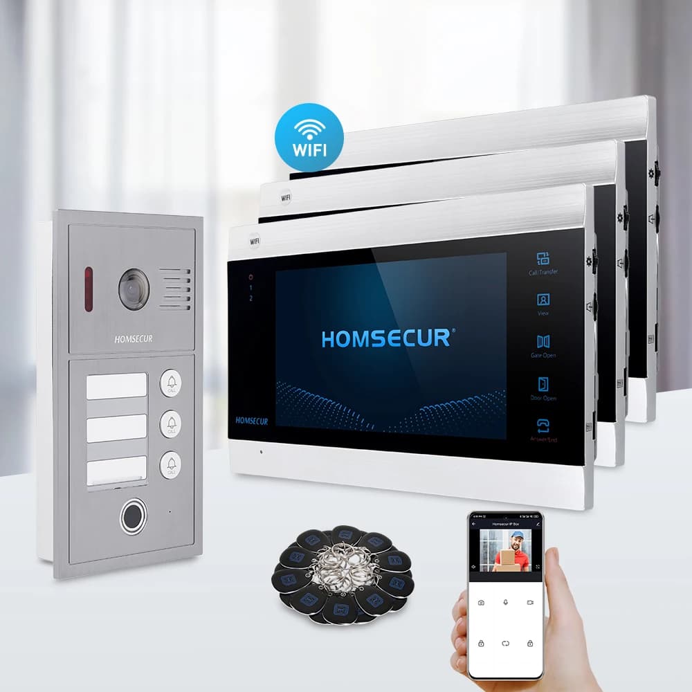 Videocitofono WIFI HOMSECUR con Schermo Touch, Accesso RFID, per 3 Famiglie
