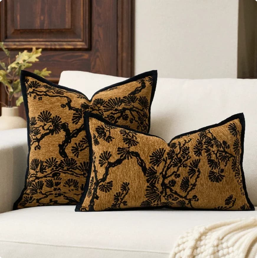 Chenille Pine Tree Pattern Throw Pillow Cover, Vintage Brown Black Floral Cushion Cover With Black Piping Edge for Sofa Living