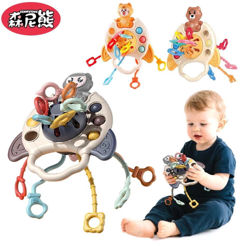 SENNIXIONG Bambino Simpatico Orso Tigre Astronauta Dentizione Pull String Infantile Sensoriale Sonagli In Silicone Montessori Giocattoli Per Il Bambino Regalo