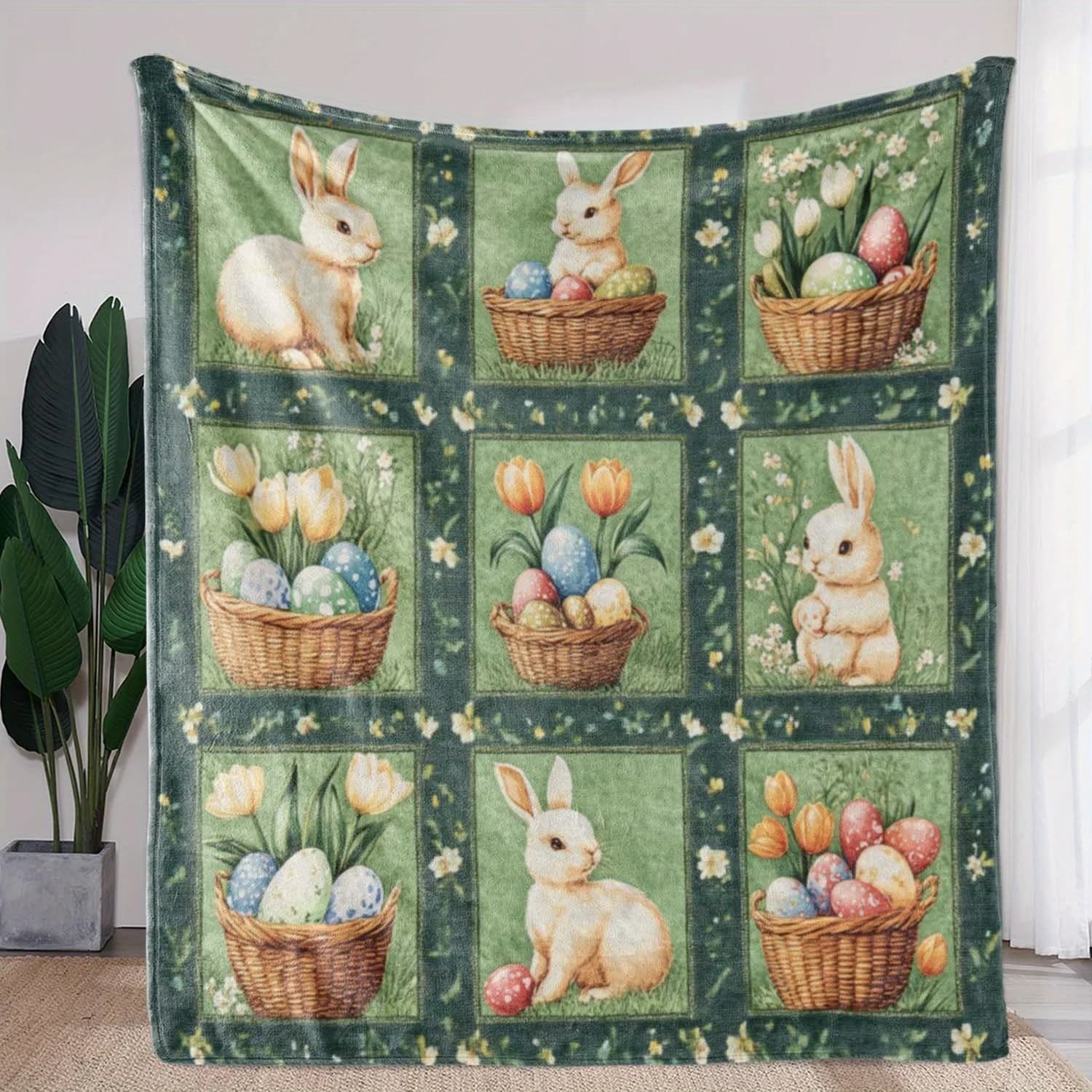 Coperta in flanella con stampa floreale di uova di tulipano coniglietto pasquale, morbida e accogliente per divano letto, ufficio, campeggio, viaggi, regalo primaverile pastello